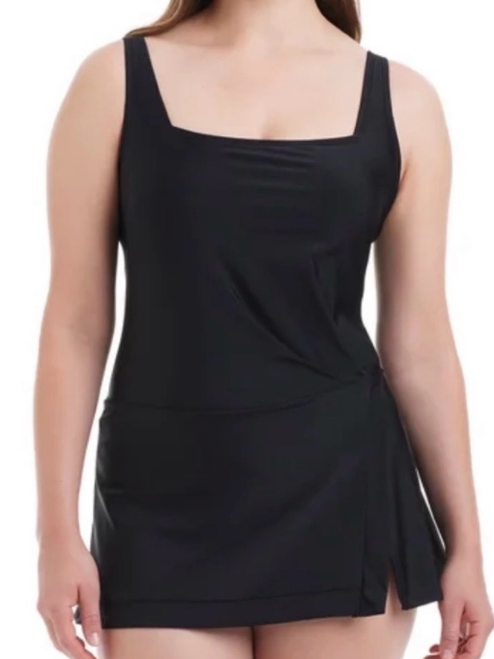 Black One-Piece Swim Dress with Square Neck